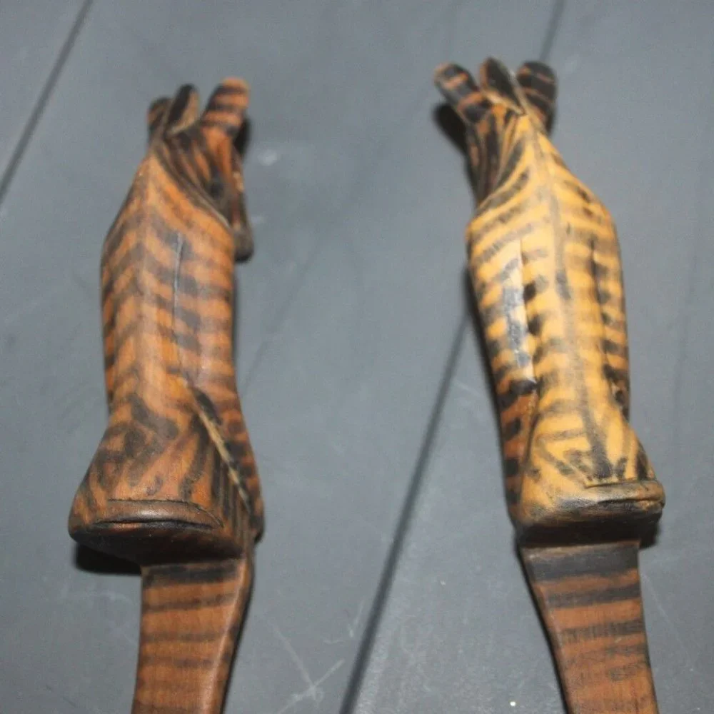 Unique Rare Carved Detailed wooden salad fork & spoon server striped animal …